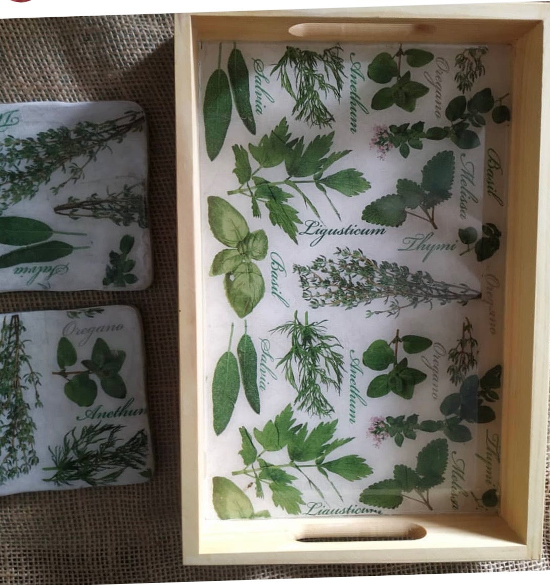 Taca Śniadaniowa / Dekoracyjna "Ogród Ziół" - Decoupage i Żywica