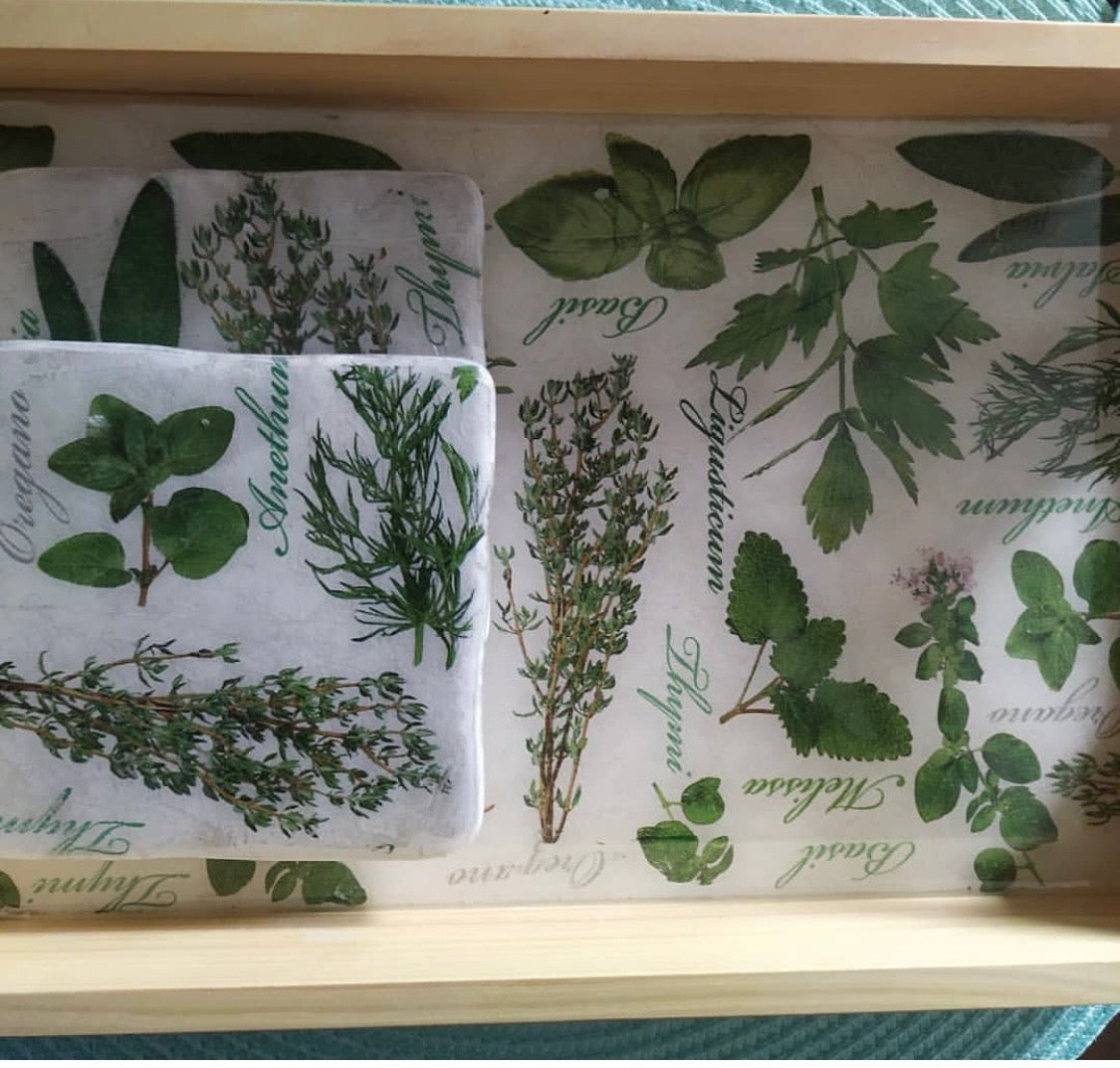Taca Śniadaniowa / Dekoracyjna "Ogród Ziół" - Decoupage i Żywica